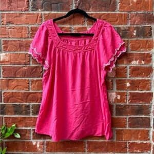 Lane Bryant Womens 14 Pink Embroidered Trim Flutter Sleeve Off Shoulder Top